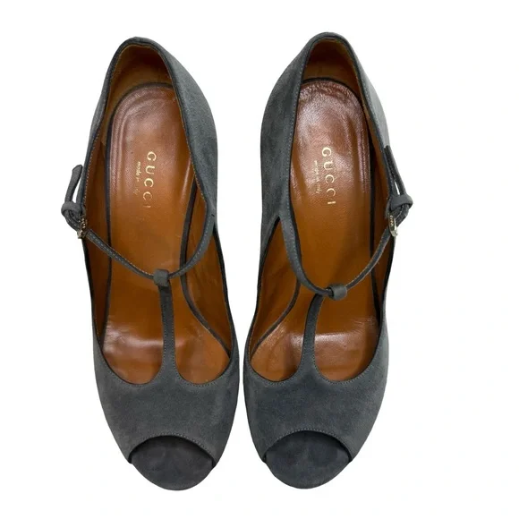 Gucci Betty T Strap Peep Toe Grey Suede Pumps 37 - Picture 3 of 16